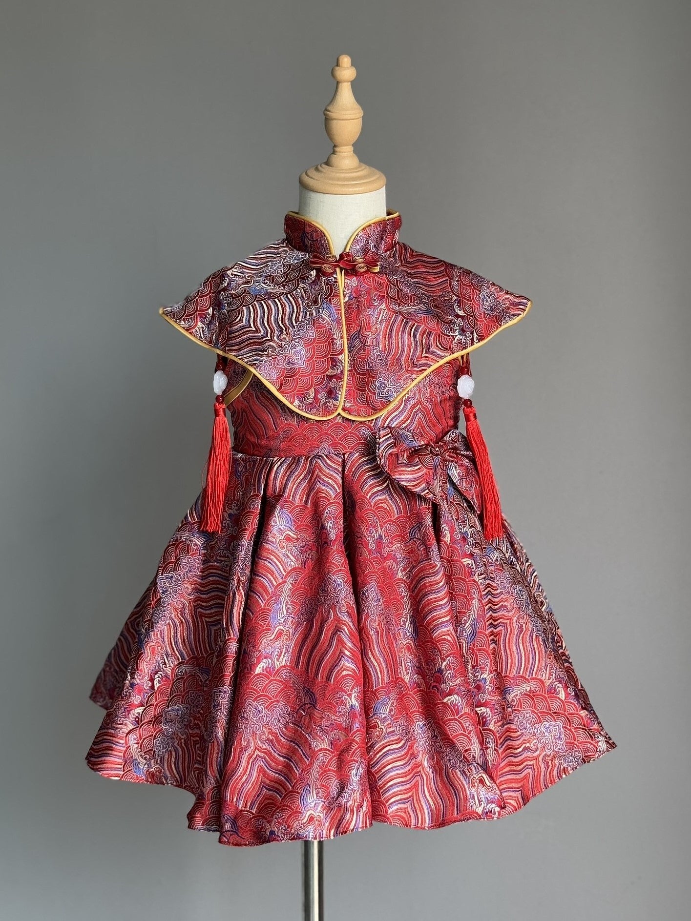 Girls Red Sunset Cheongsam Dress with Cape