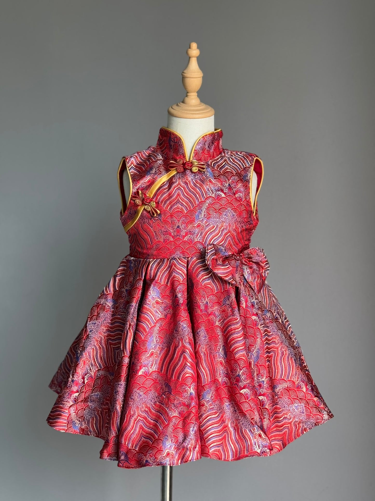 Girls Red Sunset Cheongsam Dress with Cape