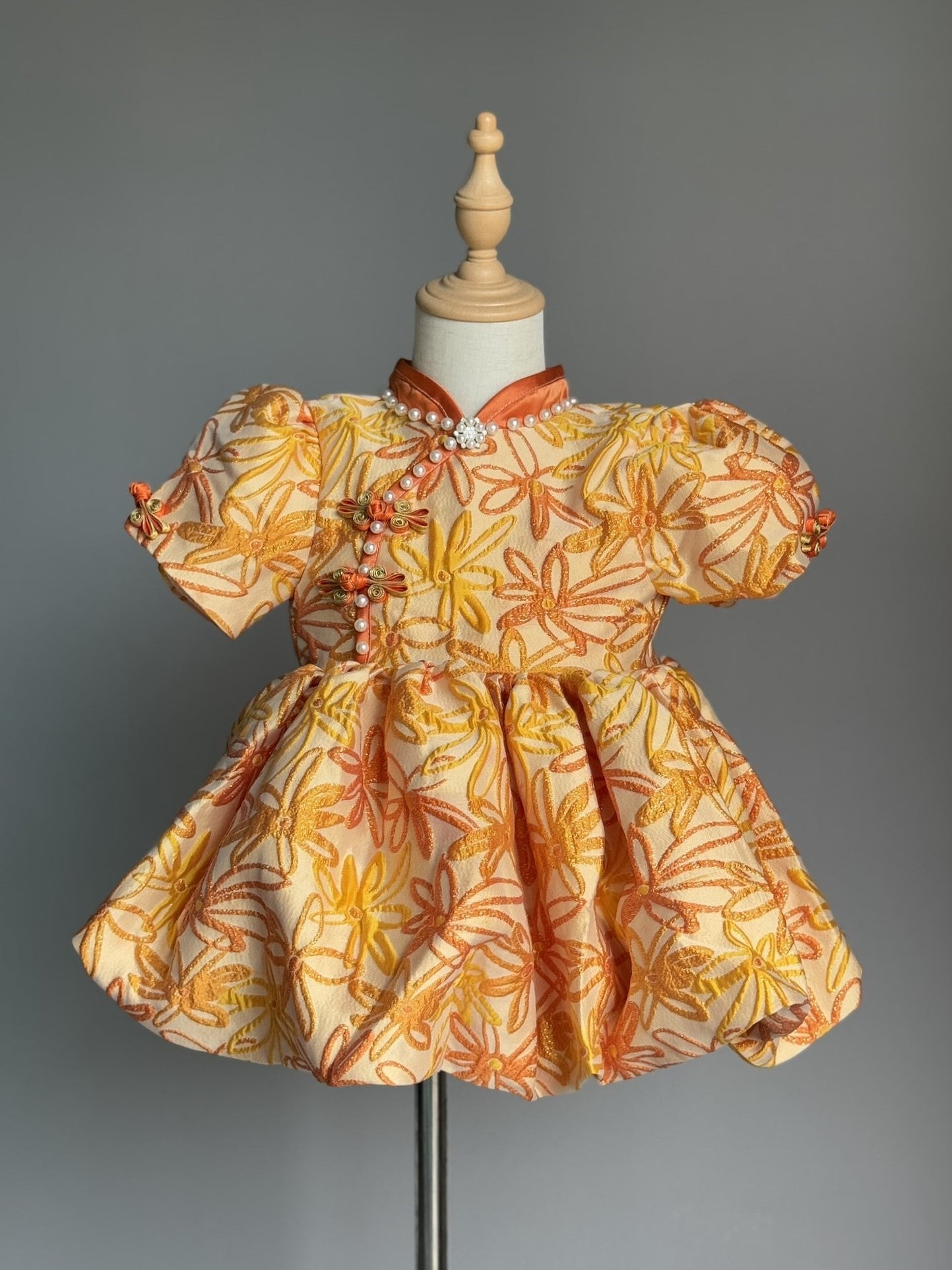 Girls Orange Flower Cheongsam Tulle Dress