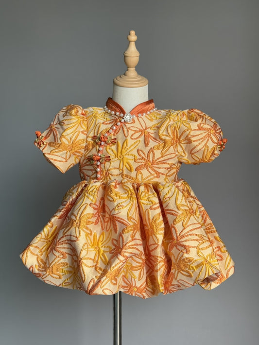 Girls Orange Flower Cheongsam Tulle Dress