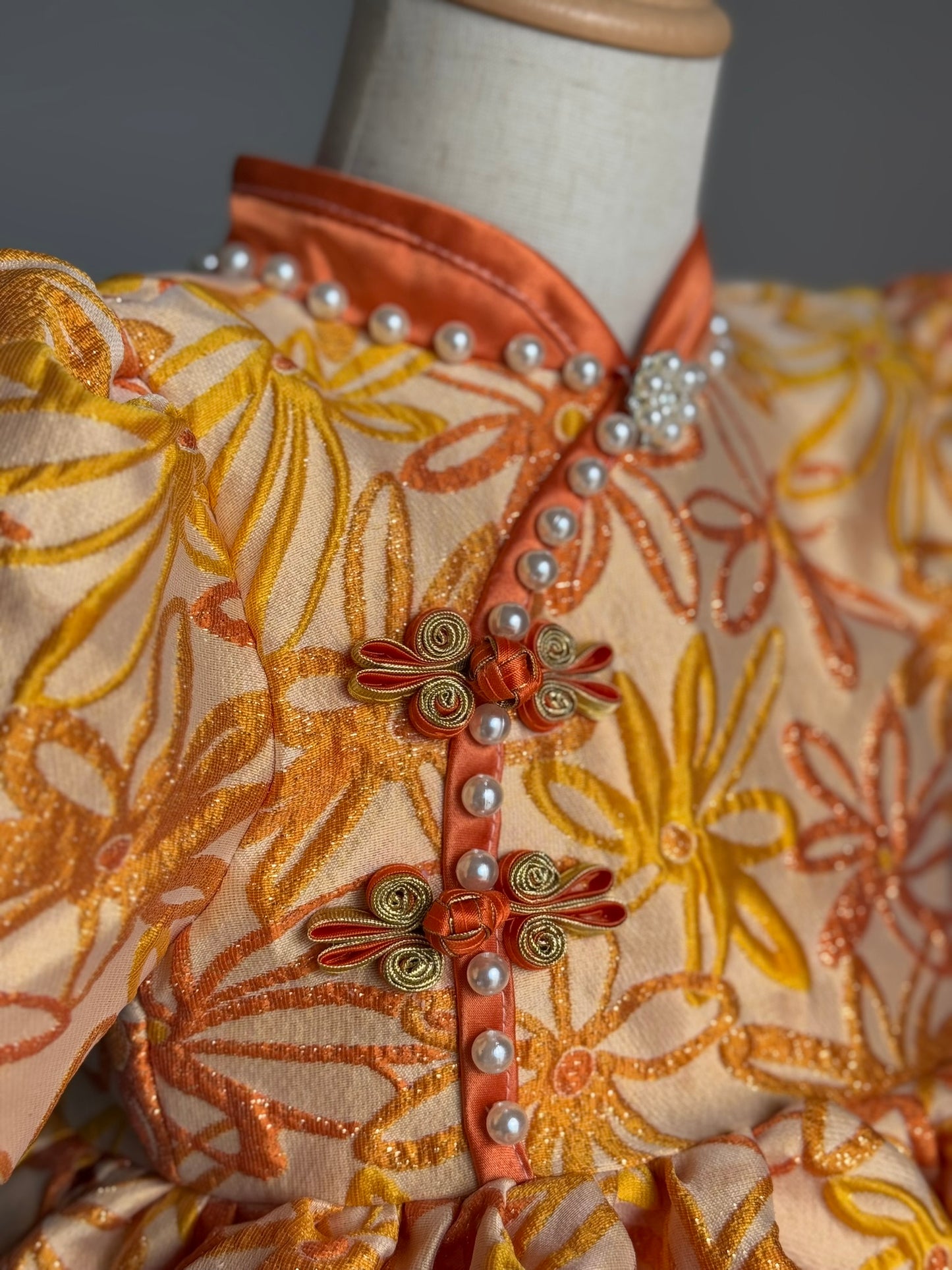 Girls Orange Flower Cheongsam Tulle Dress