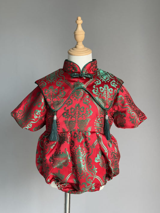 Baby Girl Red & Green Cheongsam Romper with Cape
