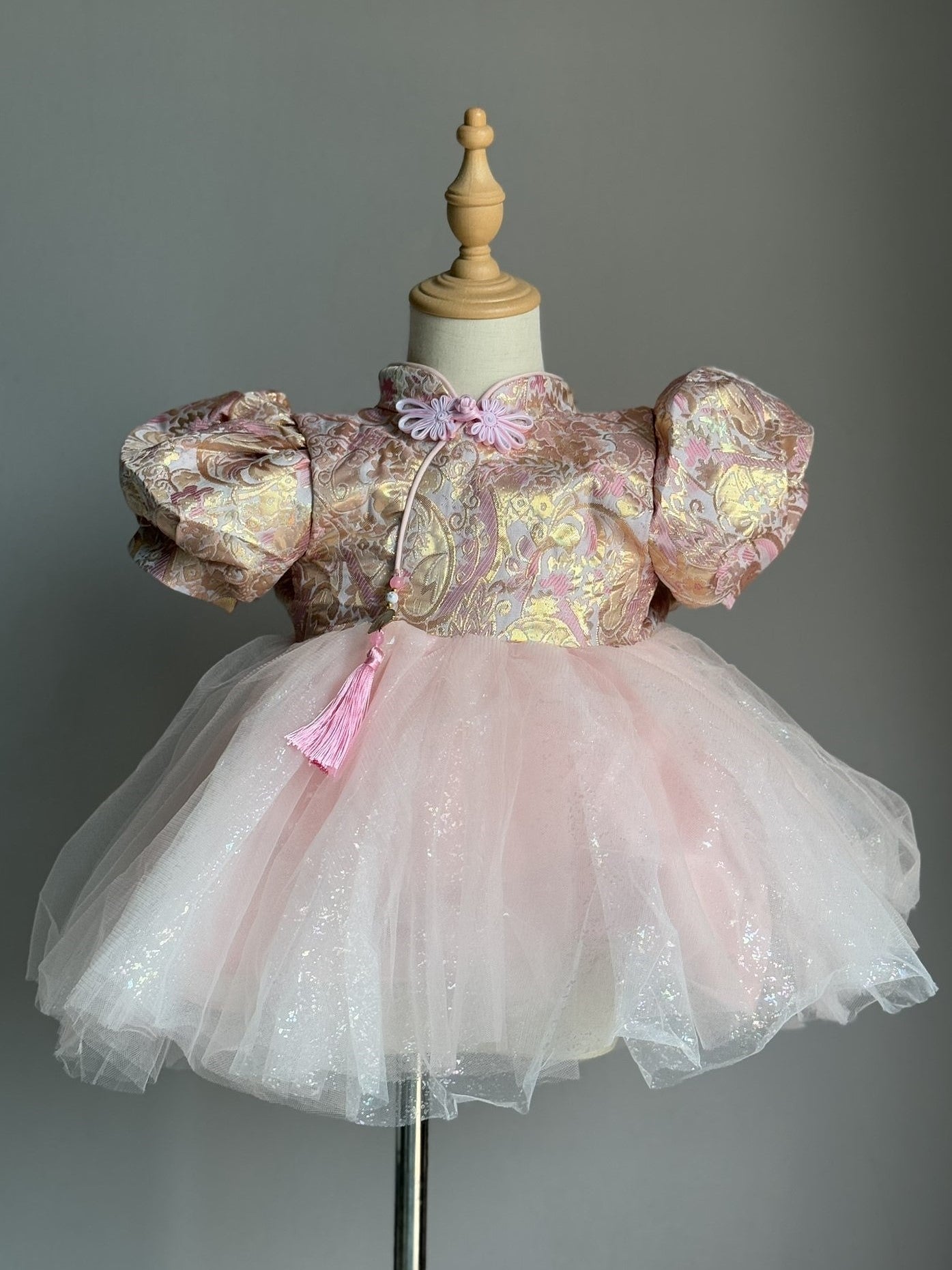 Girls Pink Flower Cheongsam Tulle Dress