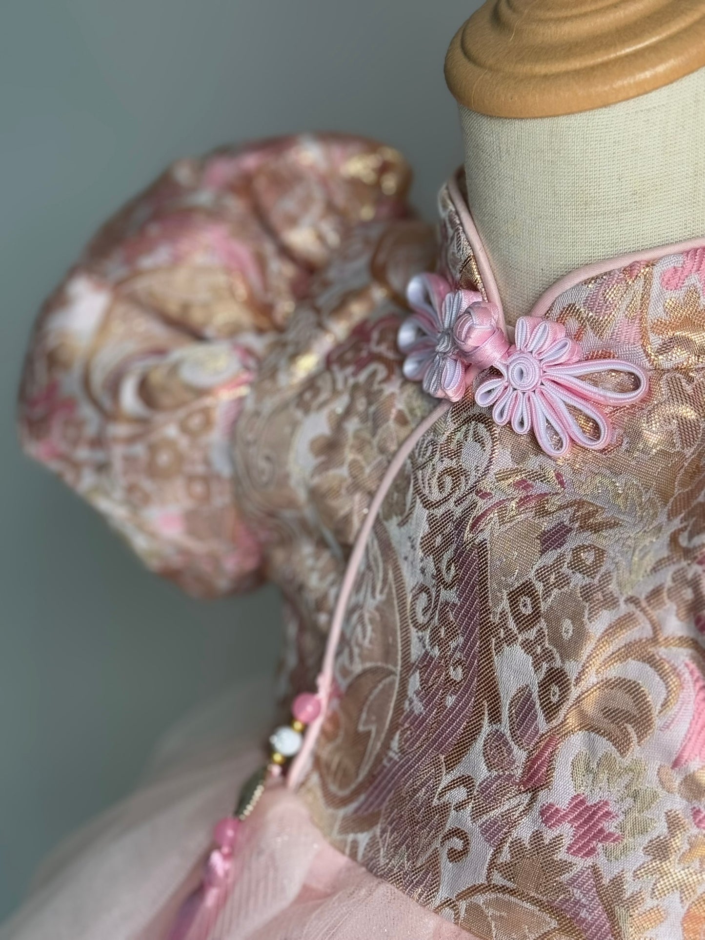 Girls Pink Flower Cheongsam Tulle Dress