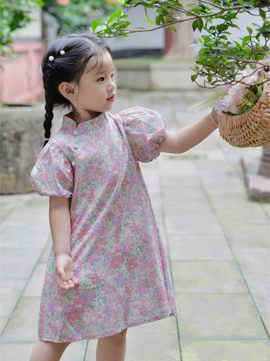 Girls Impatiens Pink Puff Sleeve Cheongsam Dress