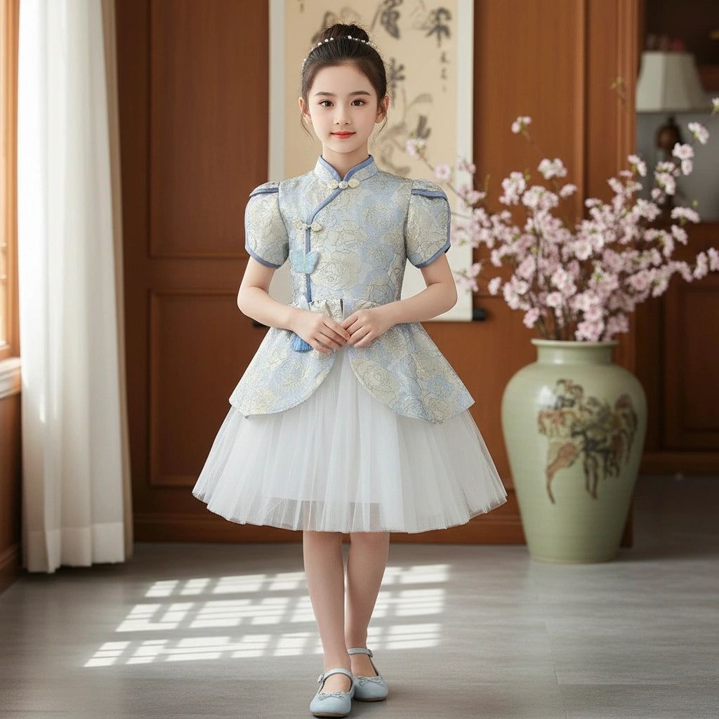 Girls Light Blue Flower Cheongsam Tulle Dress