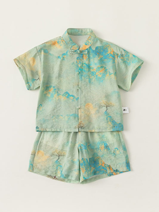 Boys Green Mountain and Water Print Cheongsam Set (Top & Shorts)
