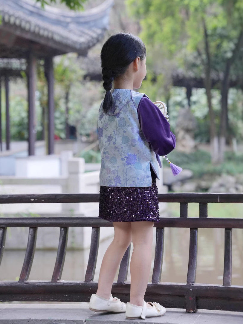 [PREORDER] Girls Soft Purple Cheongsam Vest with Sequin Skirt [NEW]