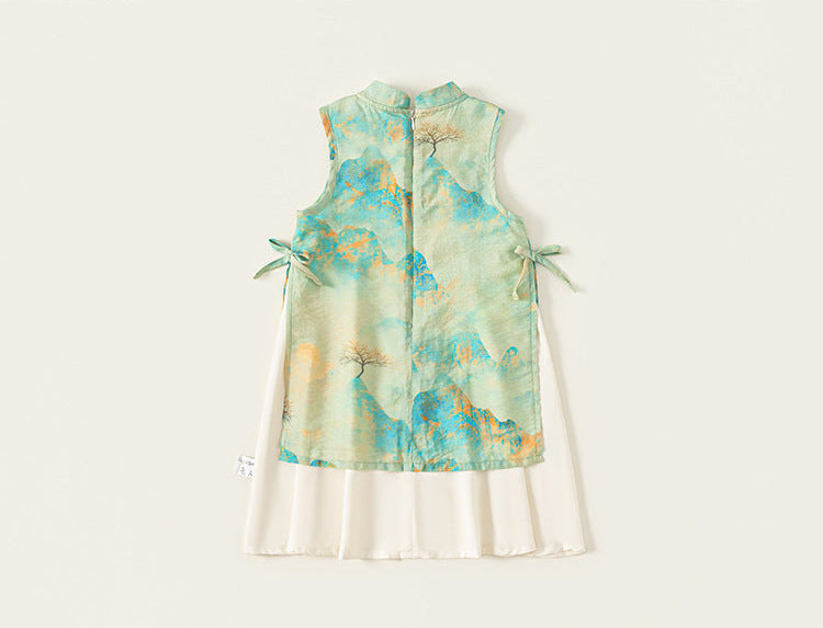 Light green sleeveless dress with floral pattern on a white background