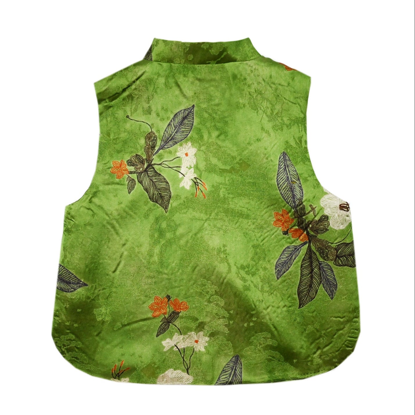 Green sleeveless top with floral embroidery on a white background