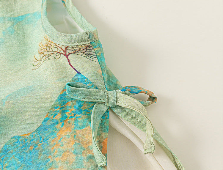 [PREORDER] Girls Green Mountain and Water Print Sleeveless Cheongsam Dress [NEW]