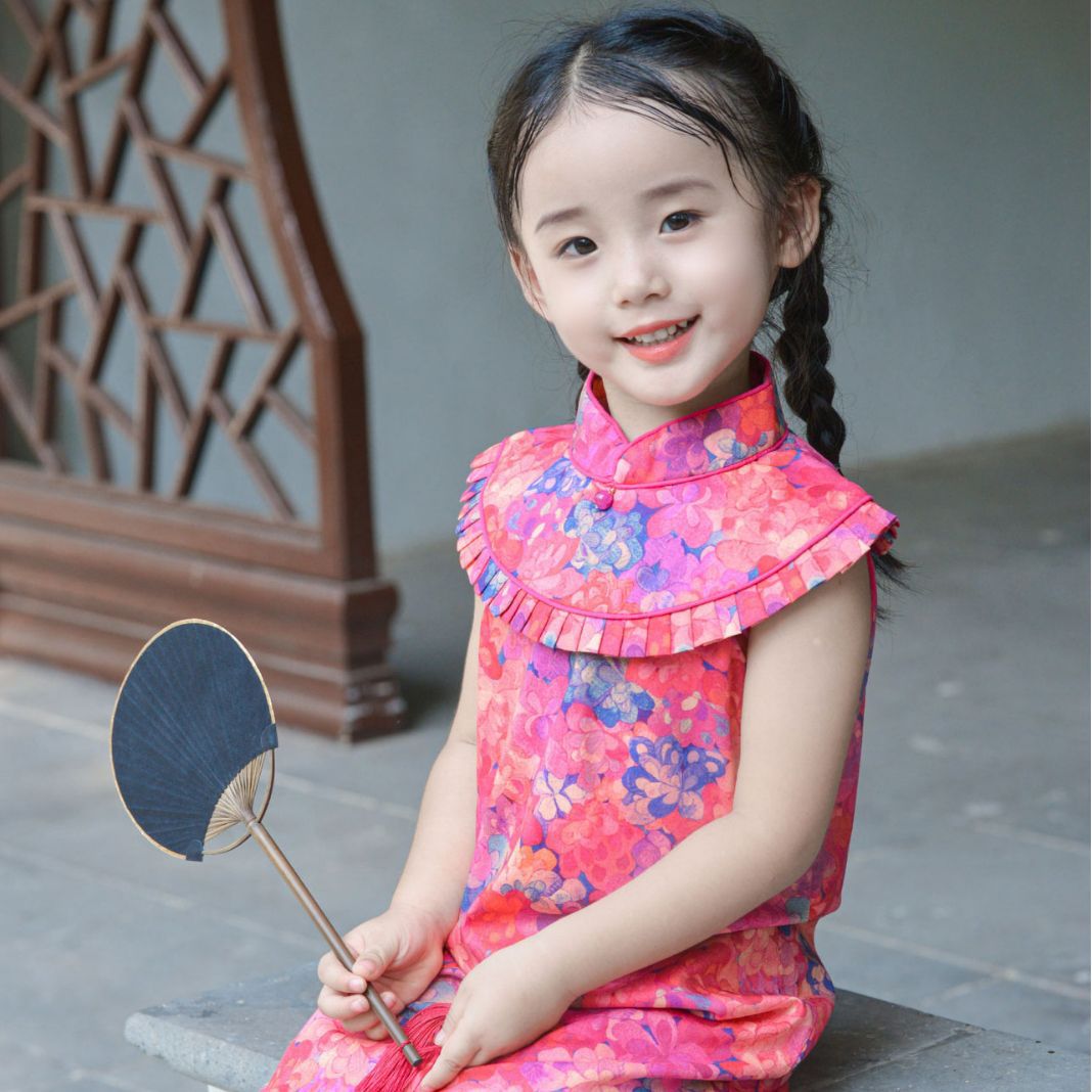 Girls Red Jade Ruffle Cape Cheongsam Dress