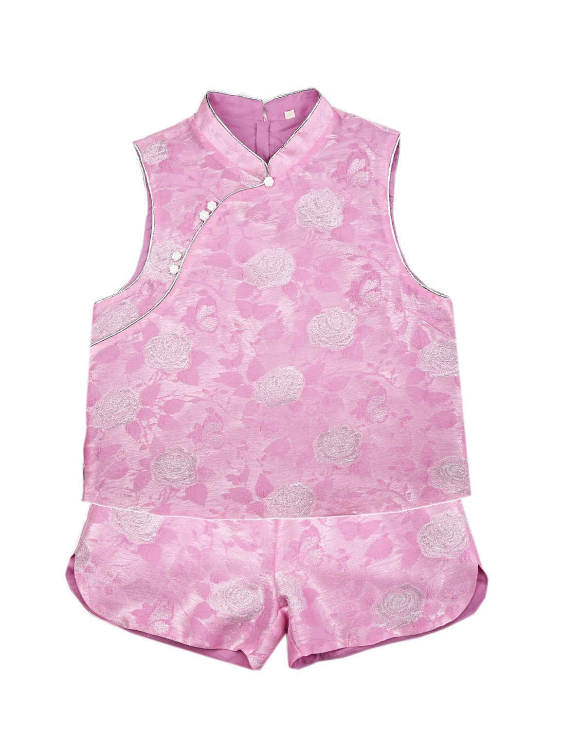 Pink sleeveless top and shorts set with floral pattern on a white background