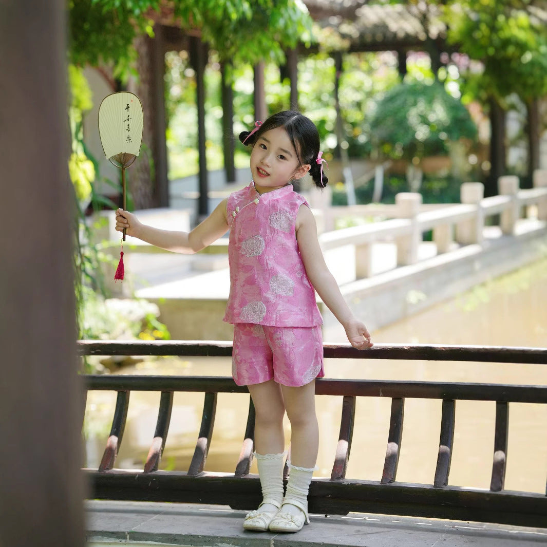 [PREORDER] Girls Silver-Thread Rose Cheongsam Vest with Shorts [NEW]