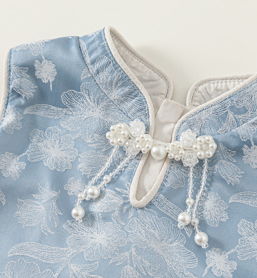 [PREORDER] Girls Light Blue Sleeveless Cheongsam Tulle Dress [NEW]