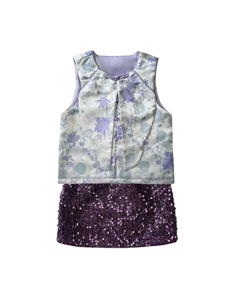 Two-piece outfit with floral top and sequin skirt on a white background
