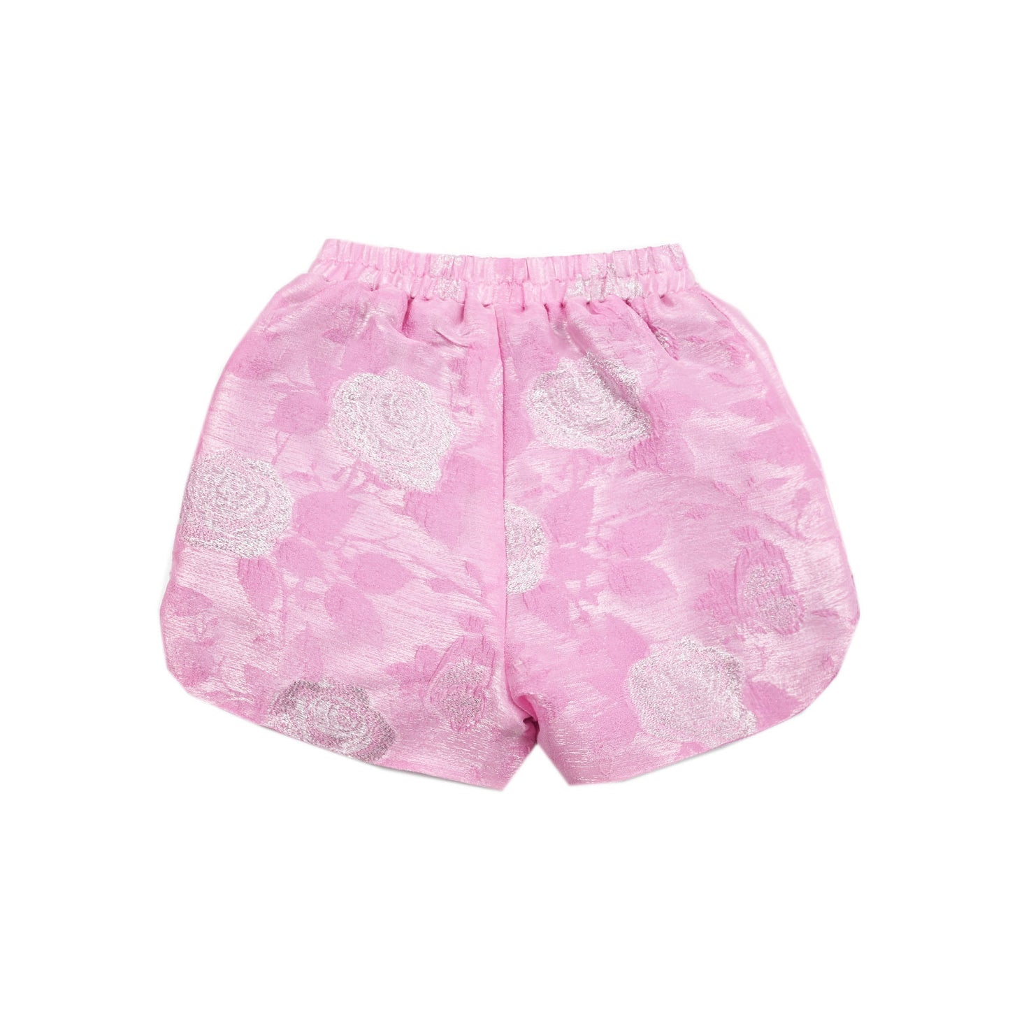 Pink shorts with lace detailing on a white background