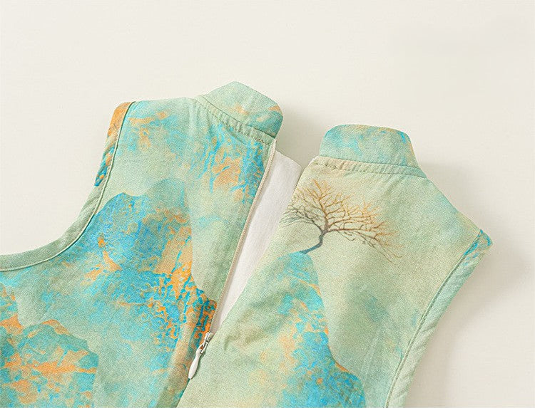 [PREORDER] Girls Green Mountain and Water Print Sleeveless Cheongsam Dress [NEW]