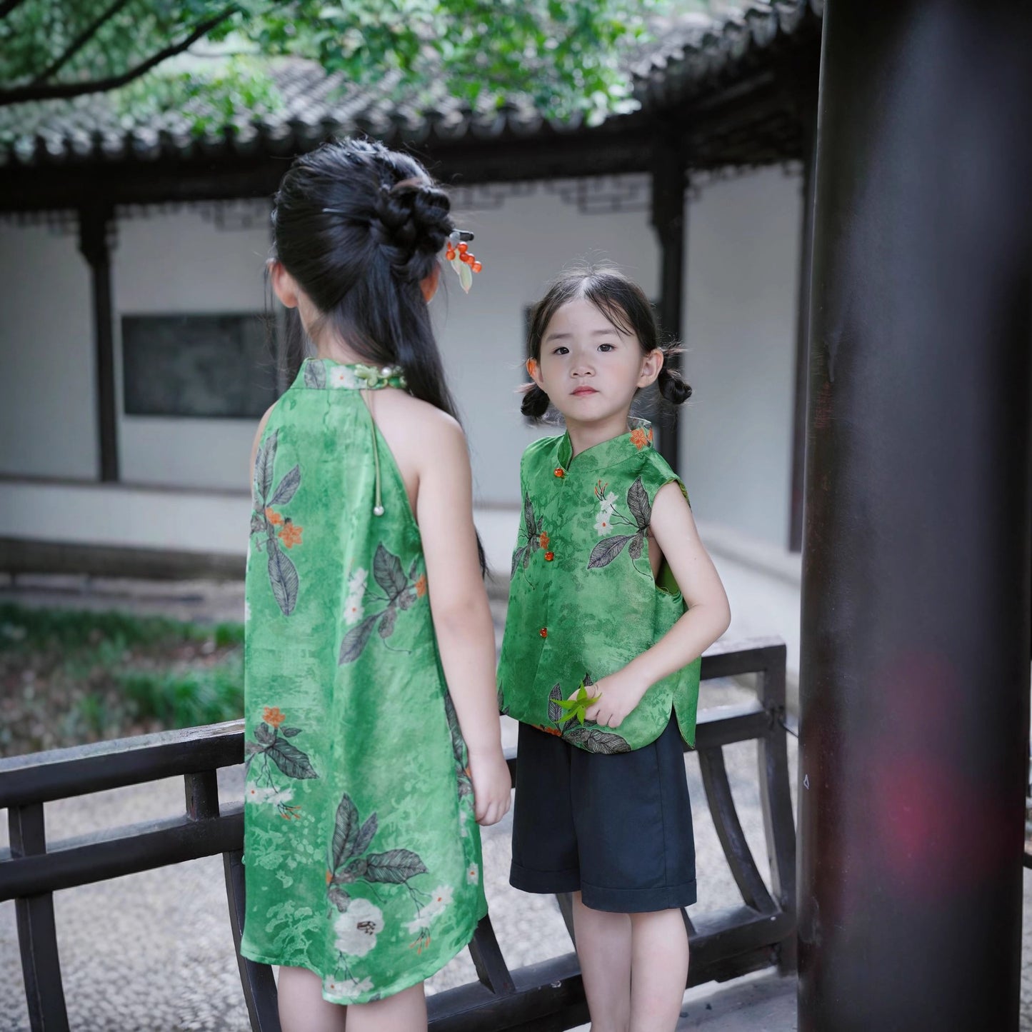 [PREORDER] Girls Emerald and Red Accents Halter Cheongsam Dress