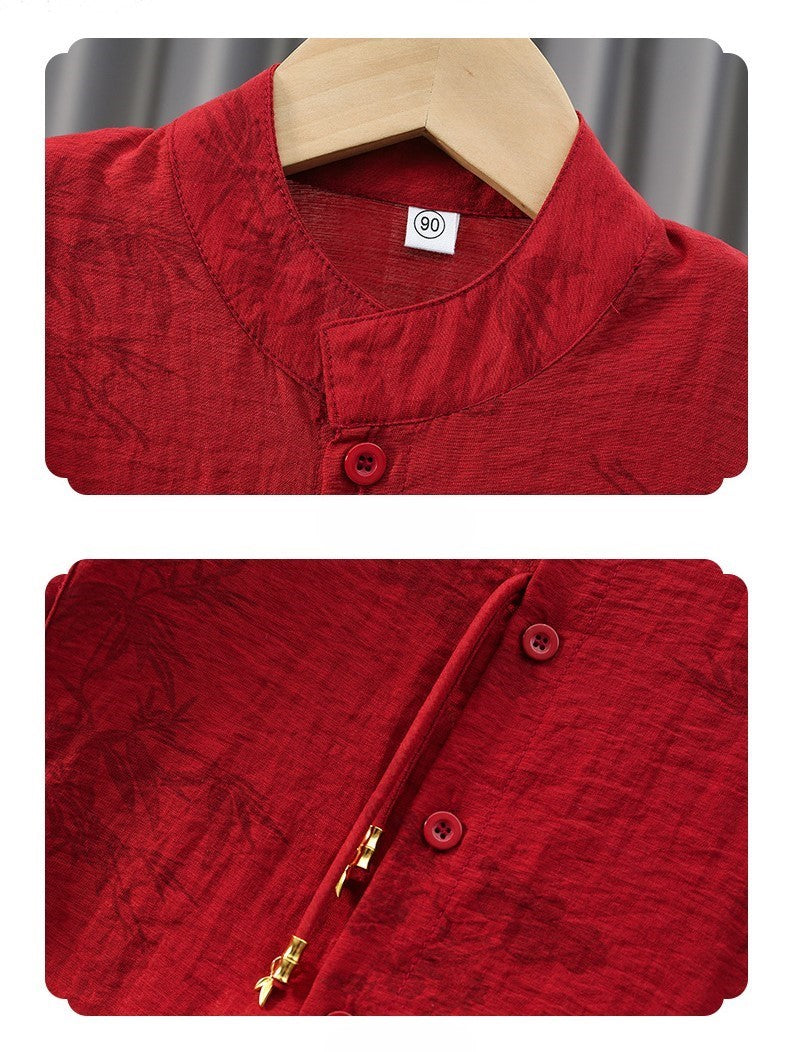 Boys Red Cheongsam Set (Top & Shorts)