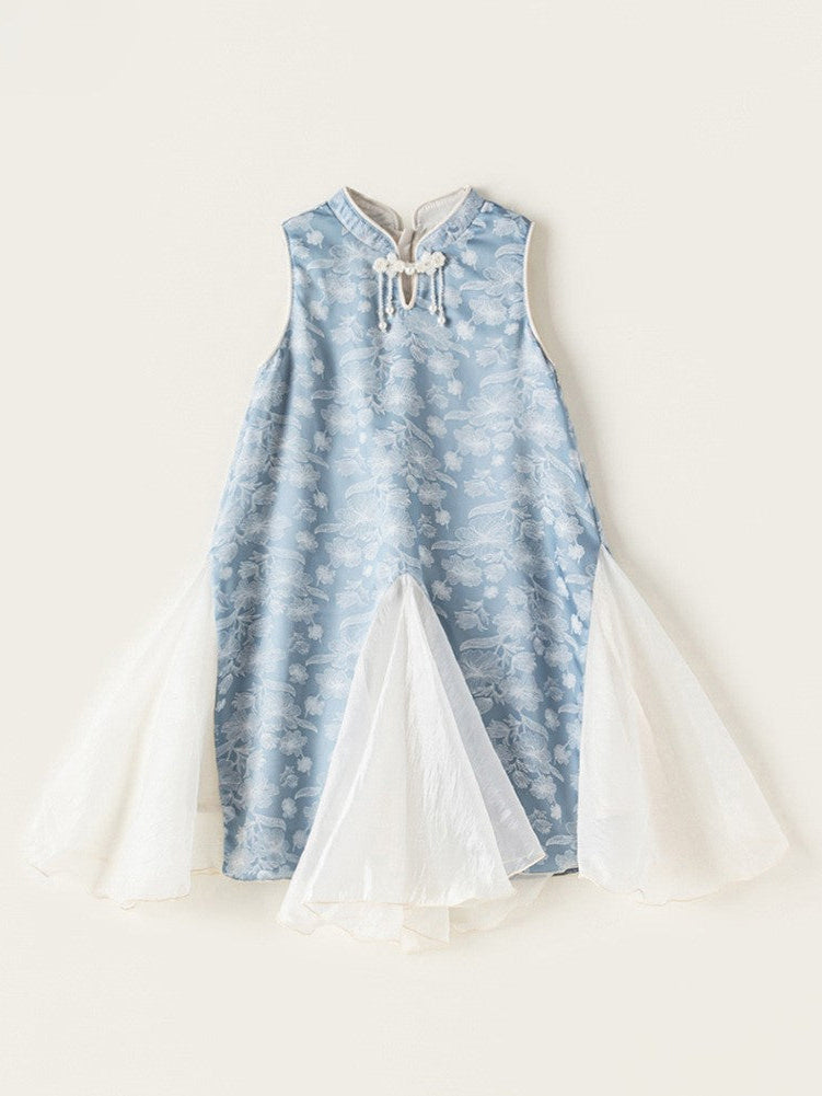 [PREORDER] Girls Light Blue Sleeveless Cheongsam Tulle Dress [NEW]