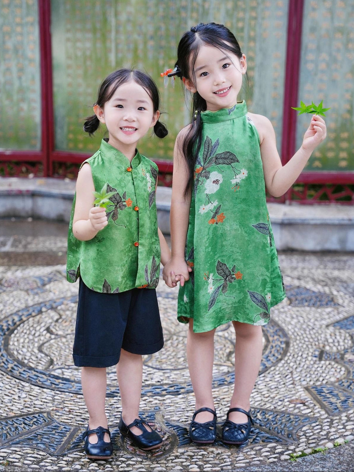 [PREORDER] Girls Emerald and Red Accents Halter Cheongsam Dress