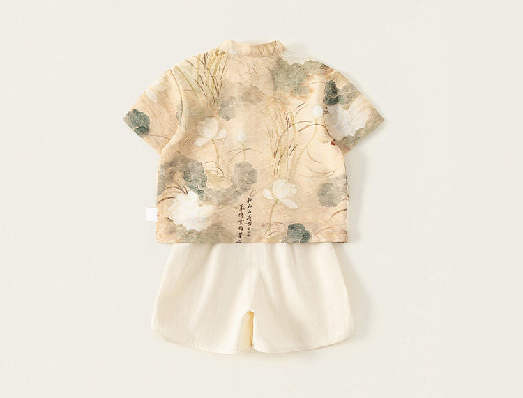 Traditional outfit with floral design on a plain background