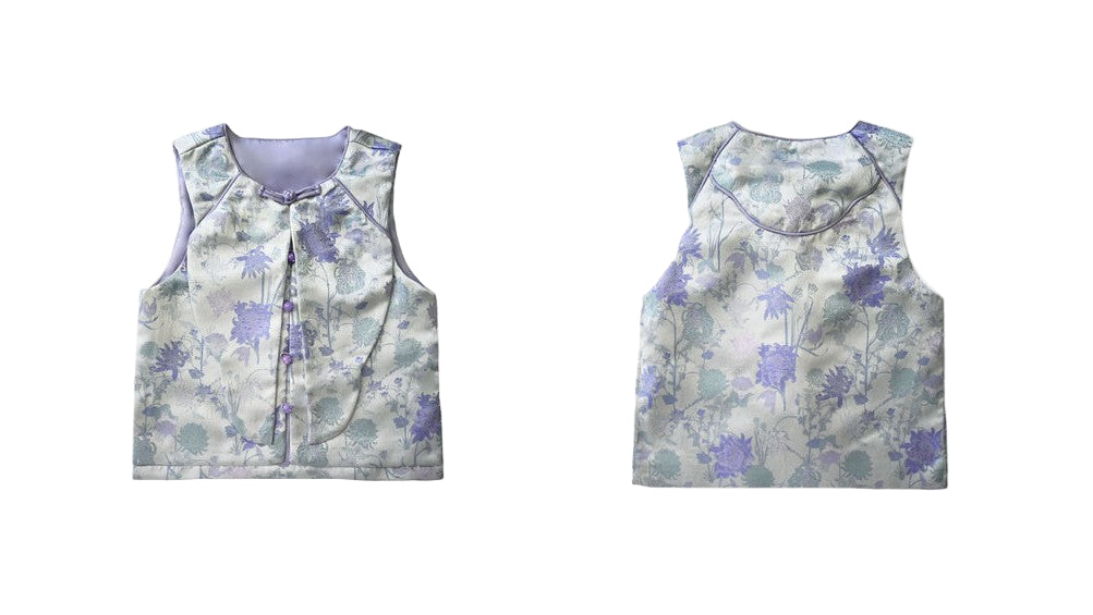 Two floral-patterned vests on a white background
