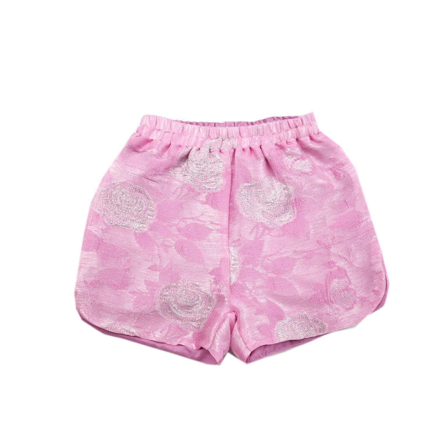 Pink shorts with white floral pattern on a white background