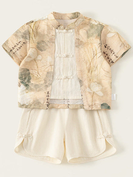 Children's outfit with a patterned shirt and shorts on a white background