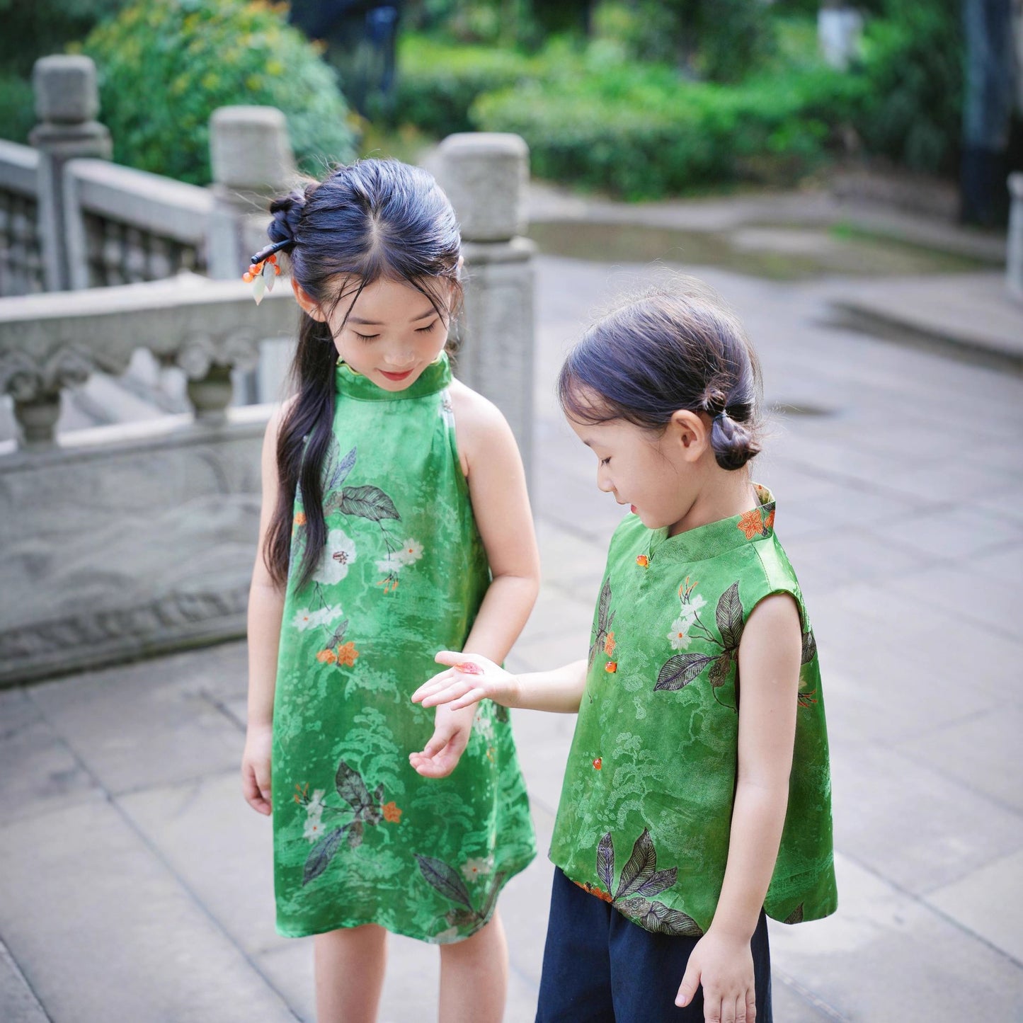 [PREORDER] Girls Emerald and Red Accents Halter Cheongsam Dress
