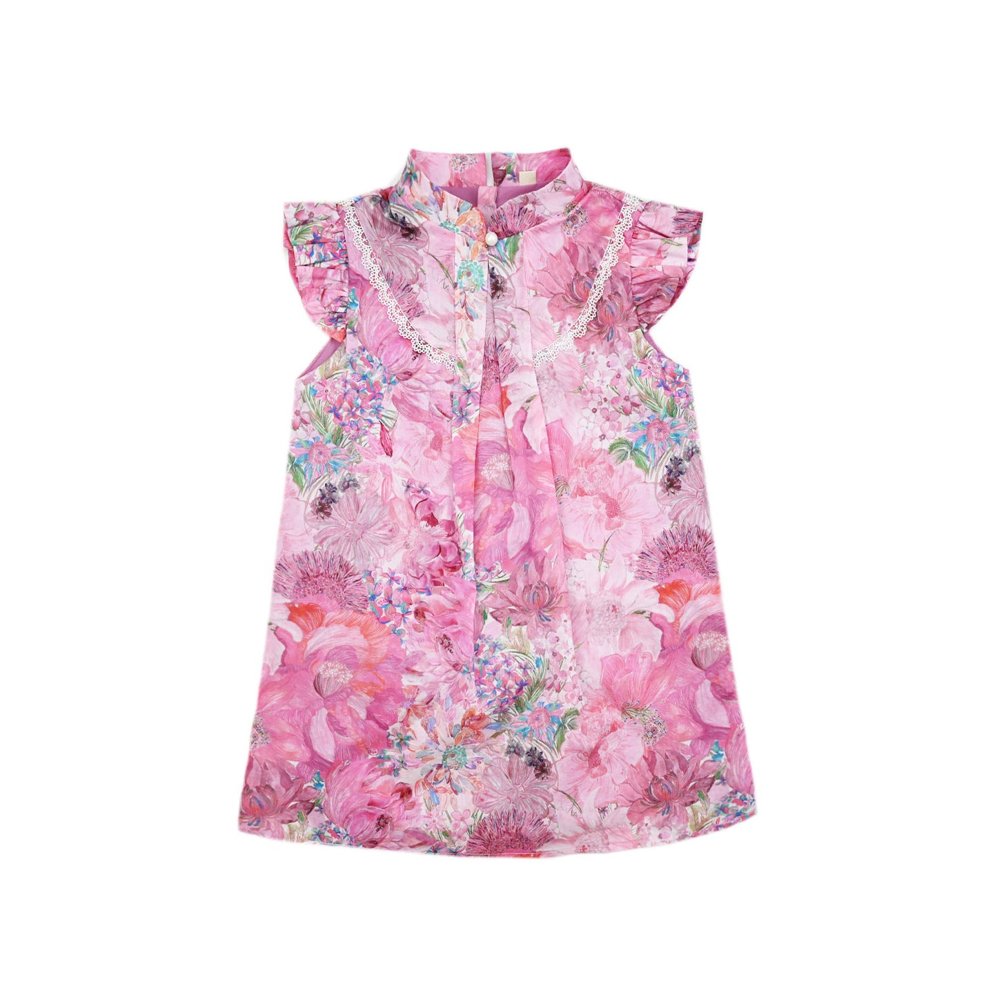Floral dress with ruffled sleeves on a white background