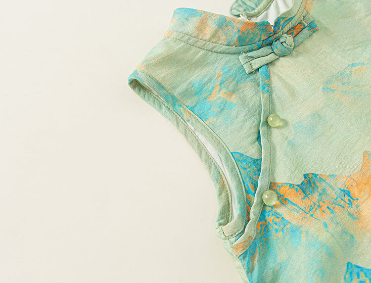 [PREORDER] Girls Green Mountain and Water Print Sleeveless Cheongsam Dress [NEW]