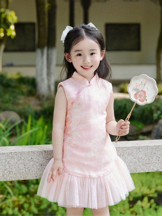 Girls Pink Peach Blossom Sleeveless Cheongsam Tulle Dress