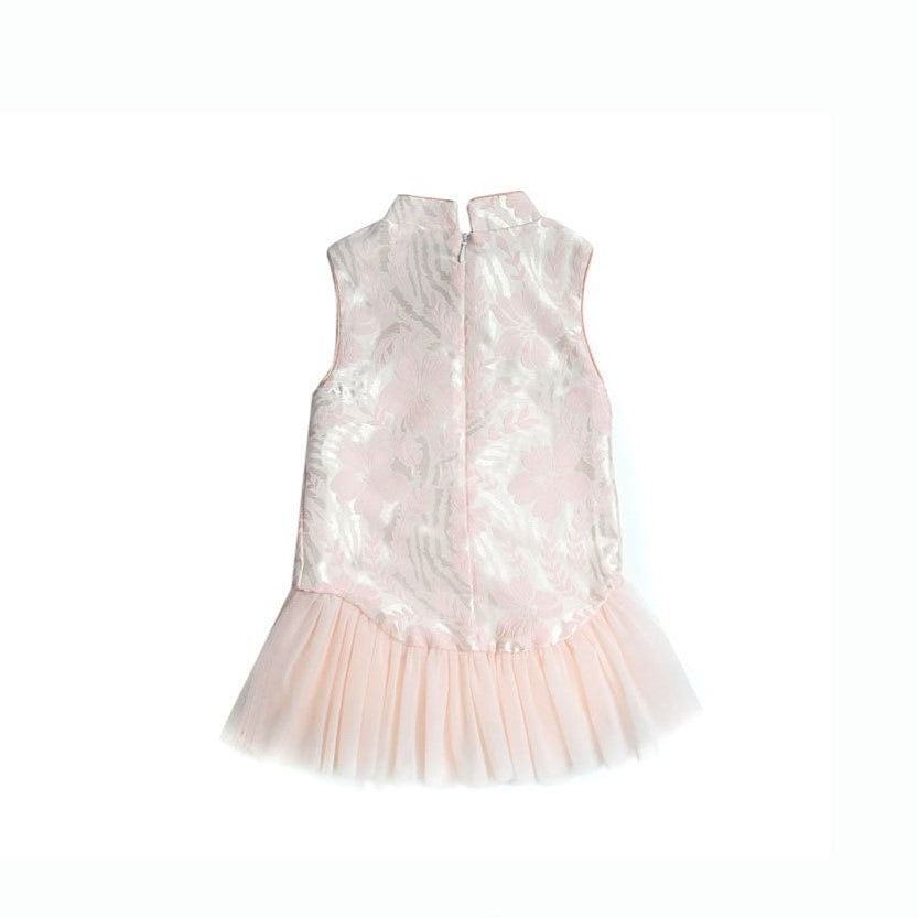 Girls Pink Peach Blossom Sleeveless Cheongsam Tulle Dress