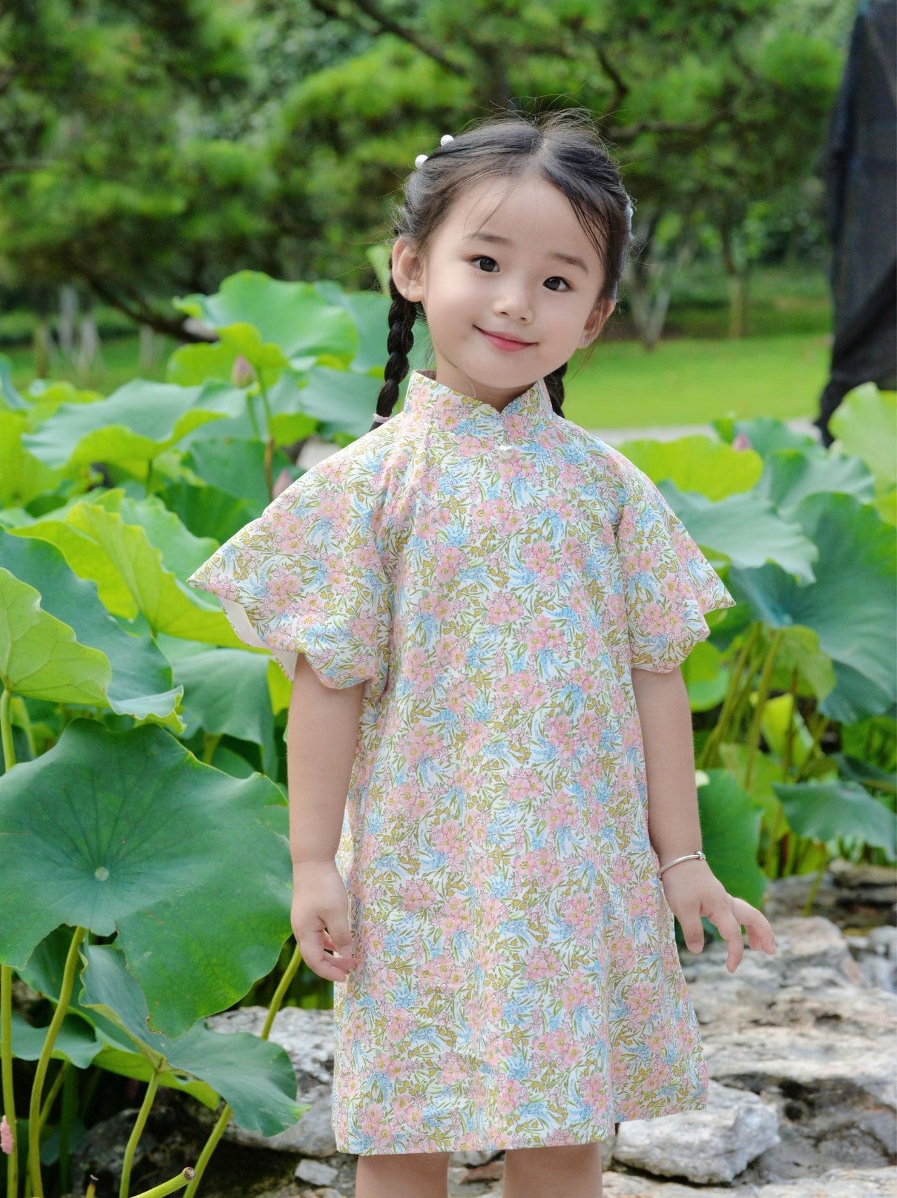 Girls Peach Blossom Butterfly Sleeve Cheongsam Dress
