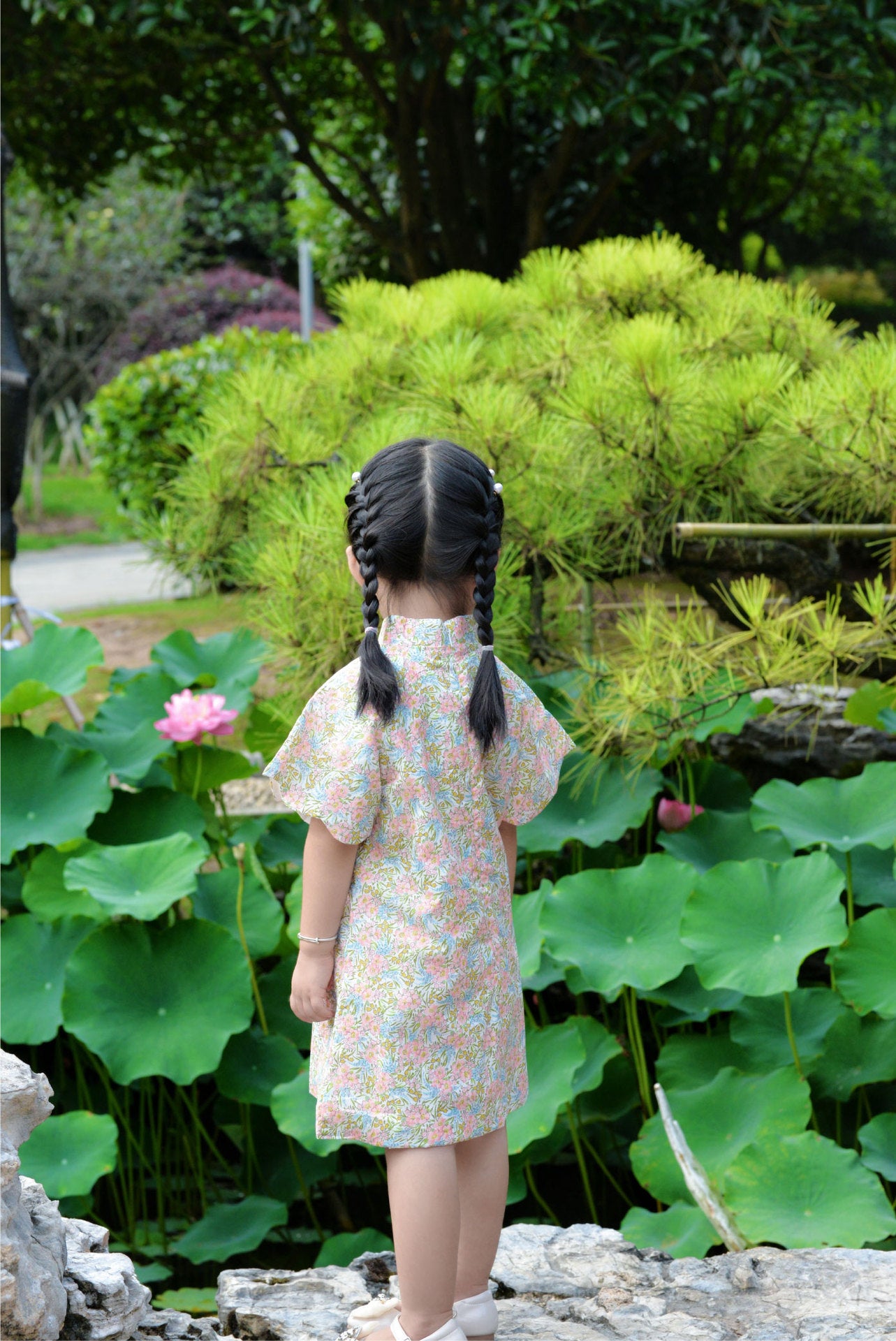 Girls Peach Blossom Butterfly Sleeve Cheongsam Dress