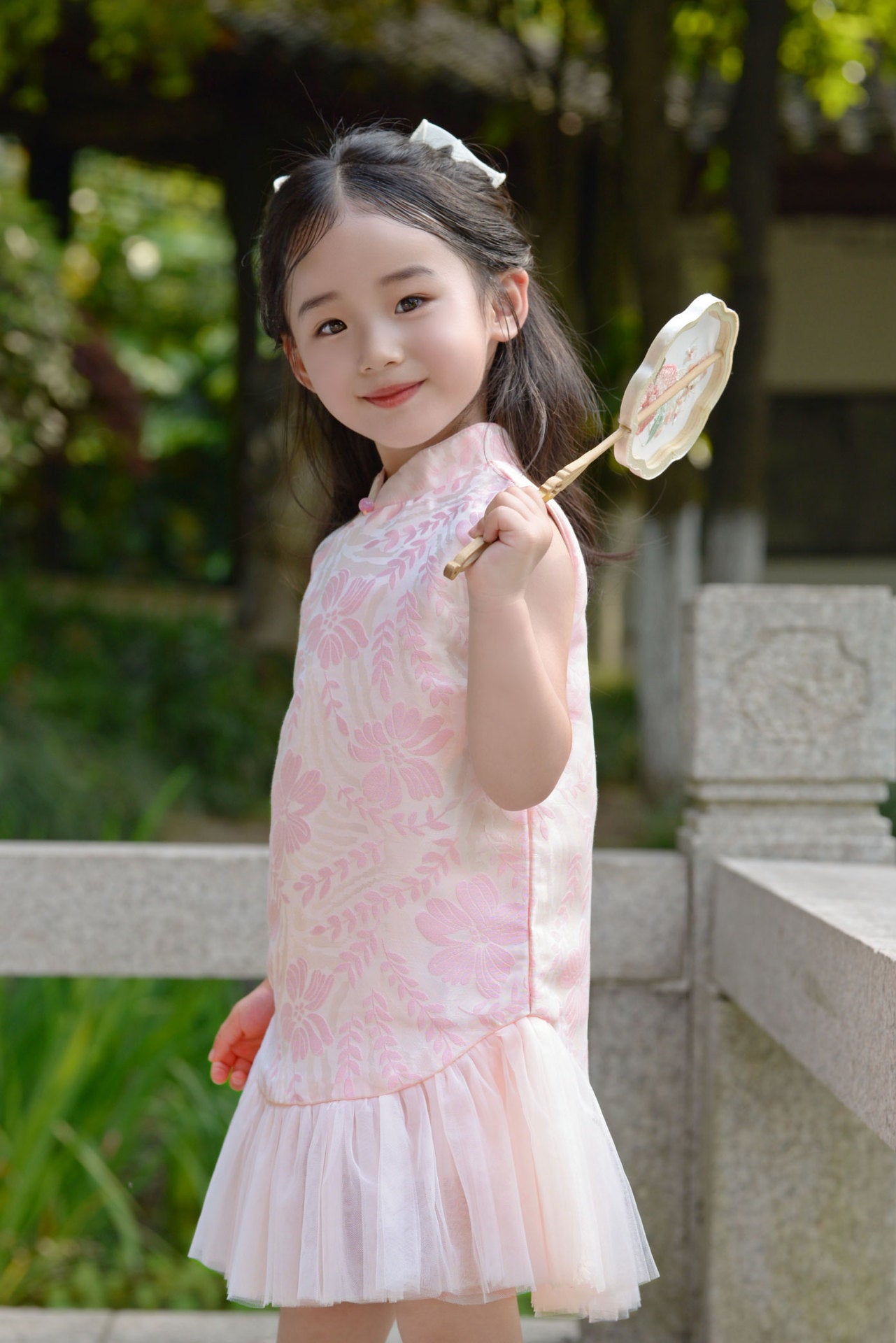 Girls Pink Peach Blossom Sleeveless Cheongsam Tulle Dress