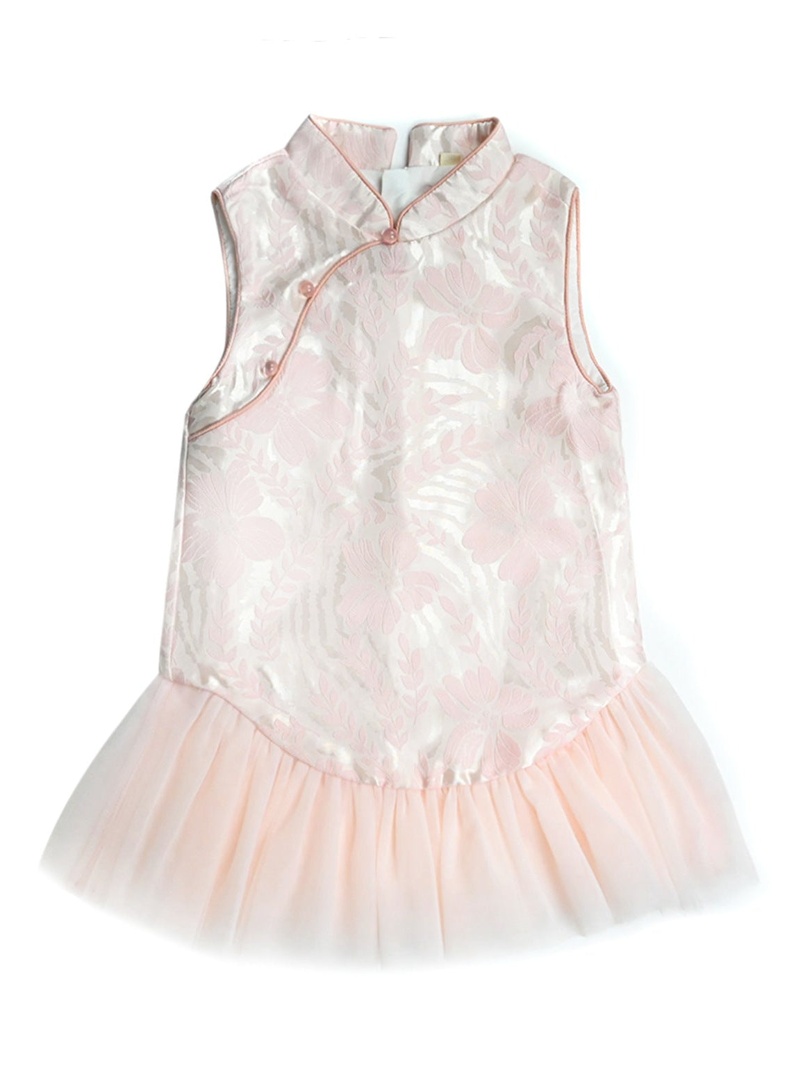 Girls Pink Peach Blossom Sleeveless Cheongsam Tulle Dress