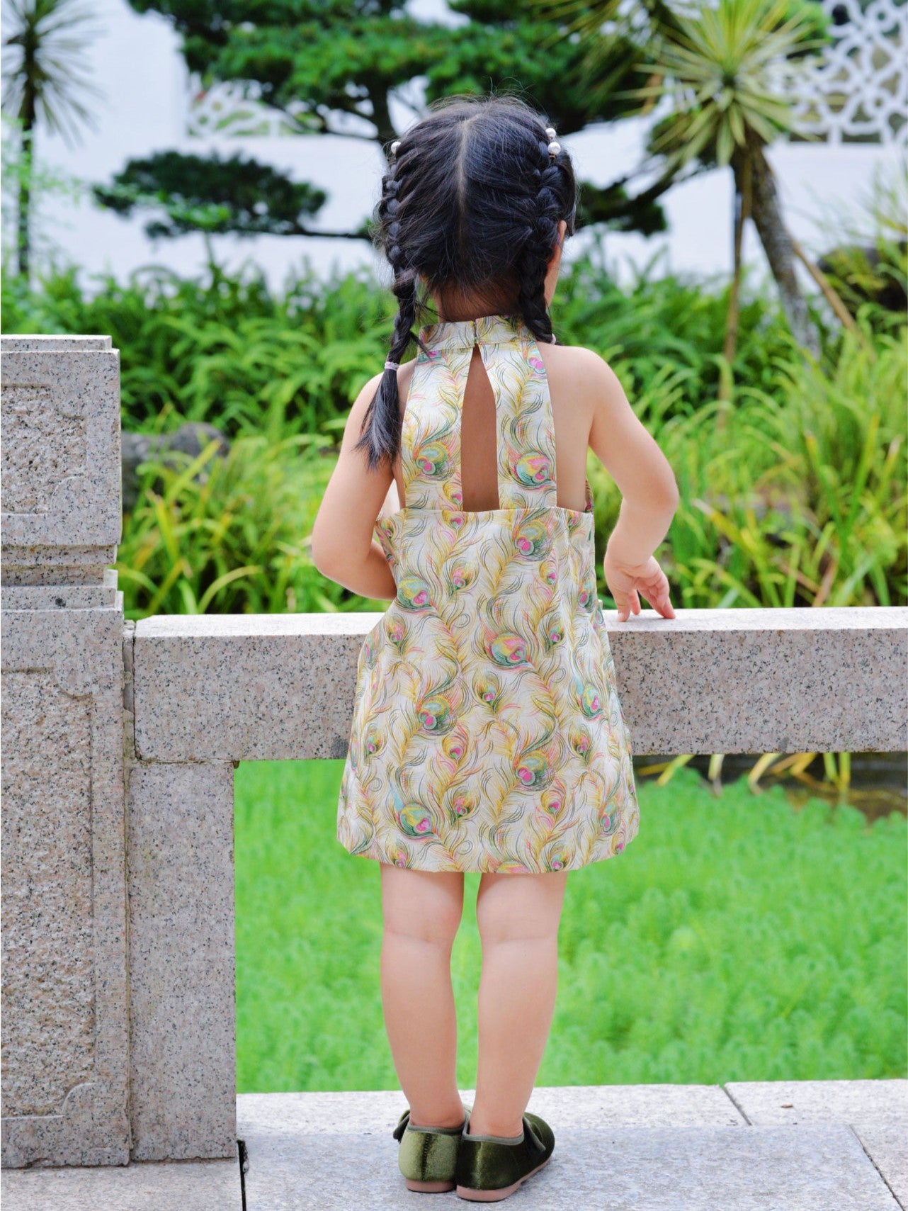 Girls Phoenix Feather Halter Cheongsam Dress