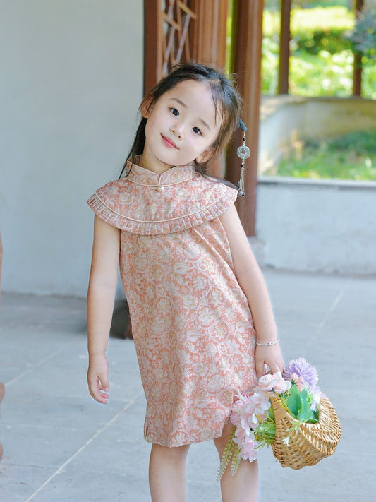 Girls Pink Totem Ruffle Cape Cheongsam Dress
