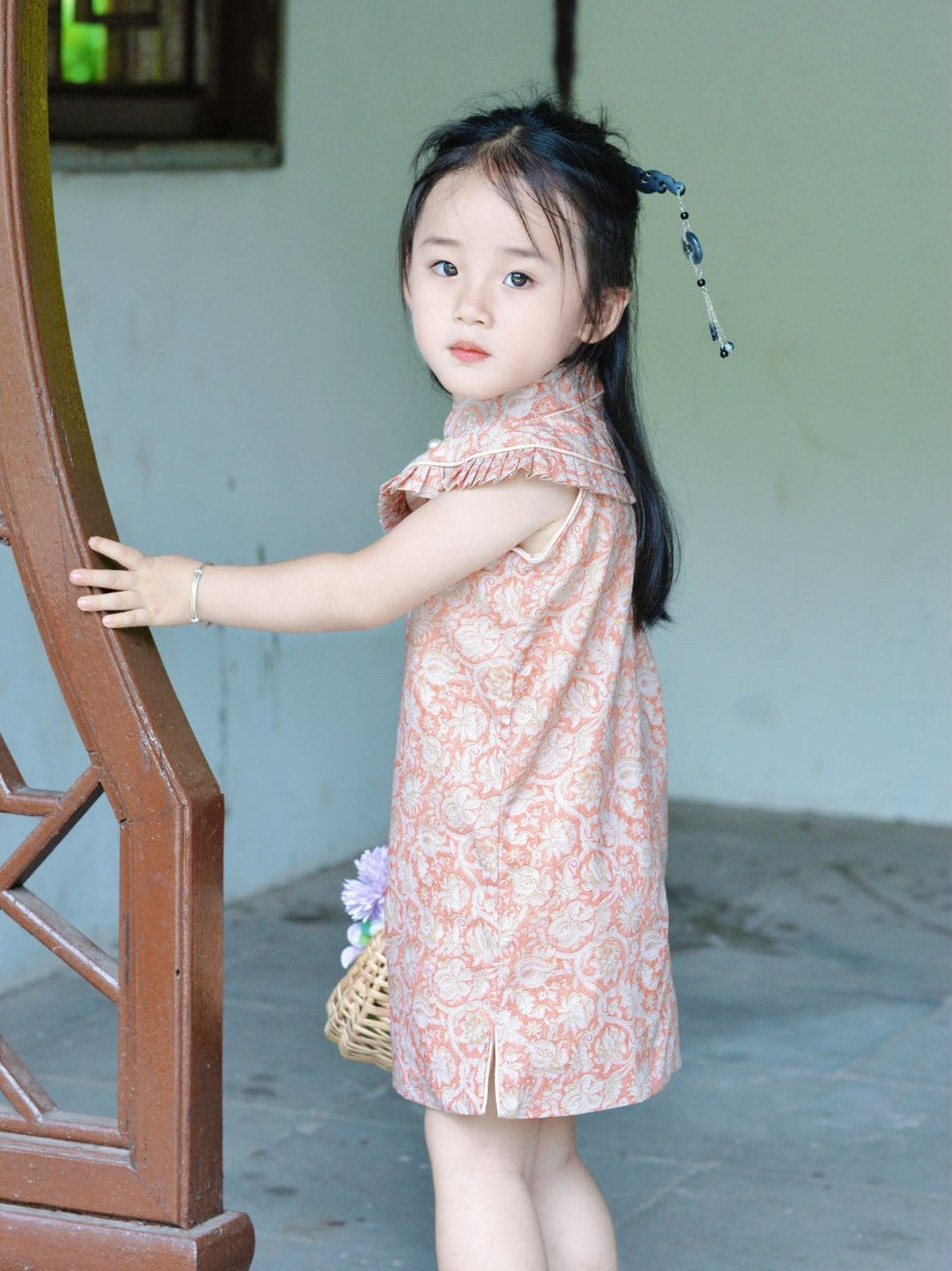 Girls Pink Totem Ruffle Cape Cheongsam Dress