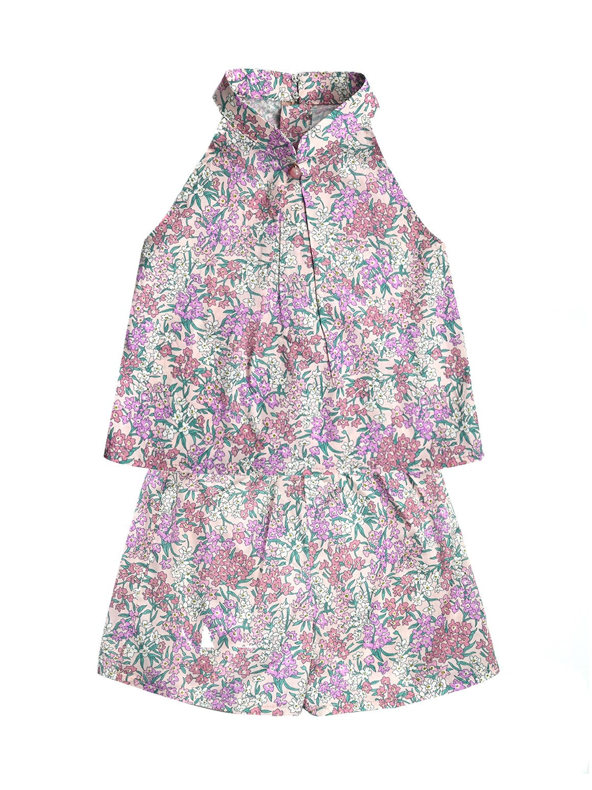 Girls Pink Bohemian Floral Cheongsam Set (Top & Shorts)