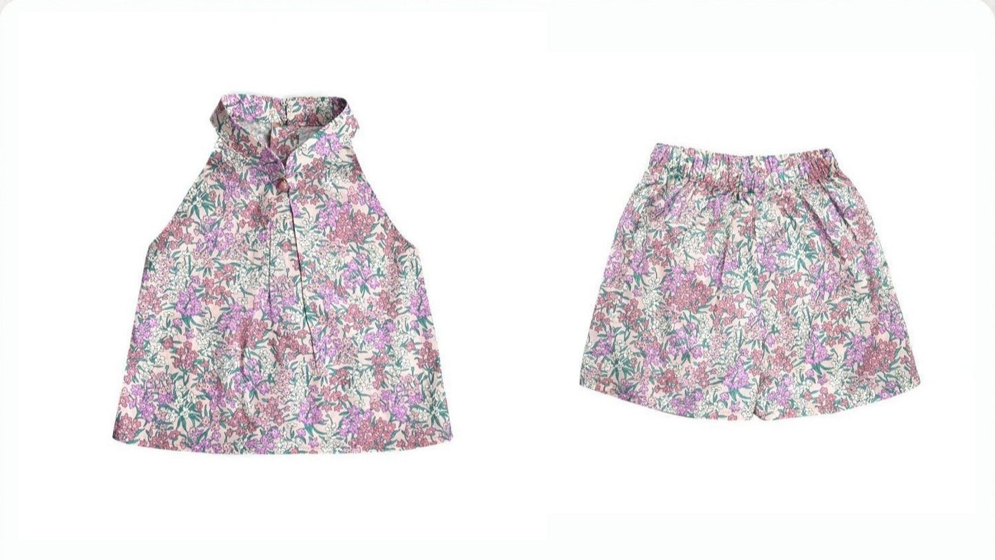 Girls Pink Bohemian Floral Cheongsam Set (Top & Shorts)