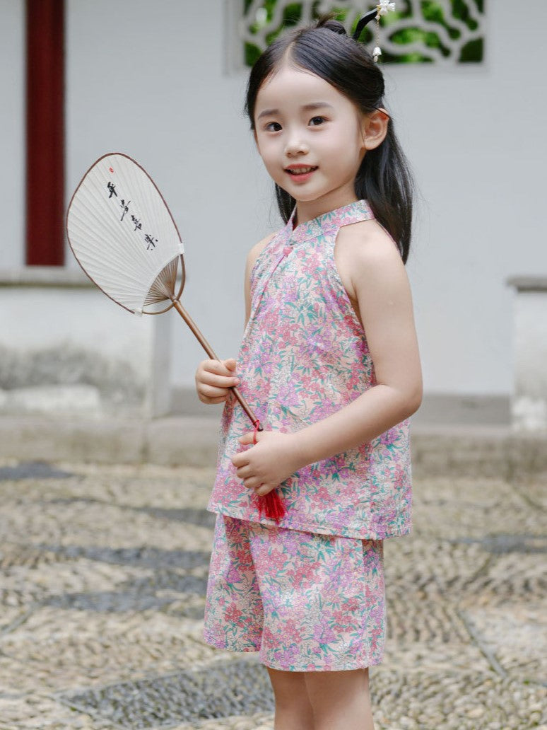 Girls Pink Bohemian Floral Cheongsam Set (Top & Shorts)