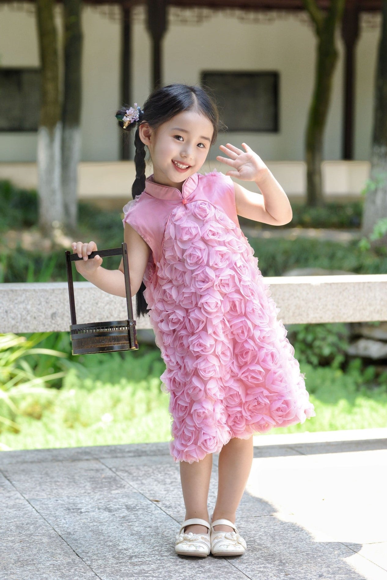 Girls Pink Rose Sleeveless Cheongsam Dress