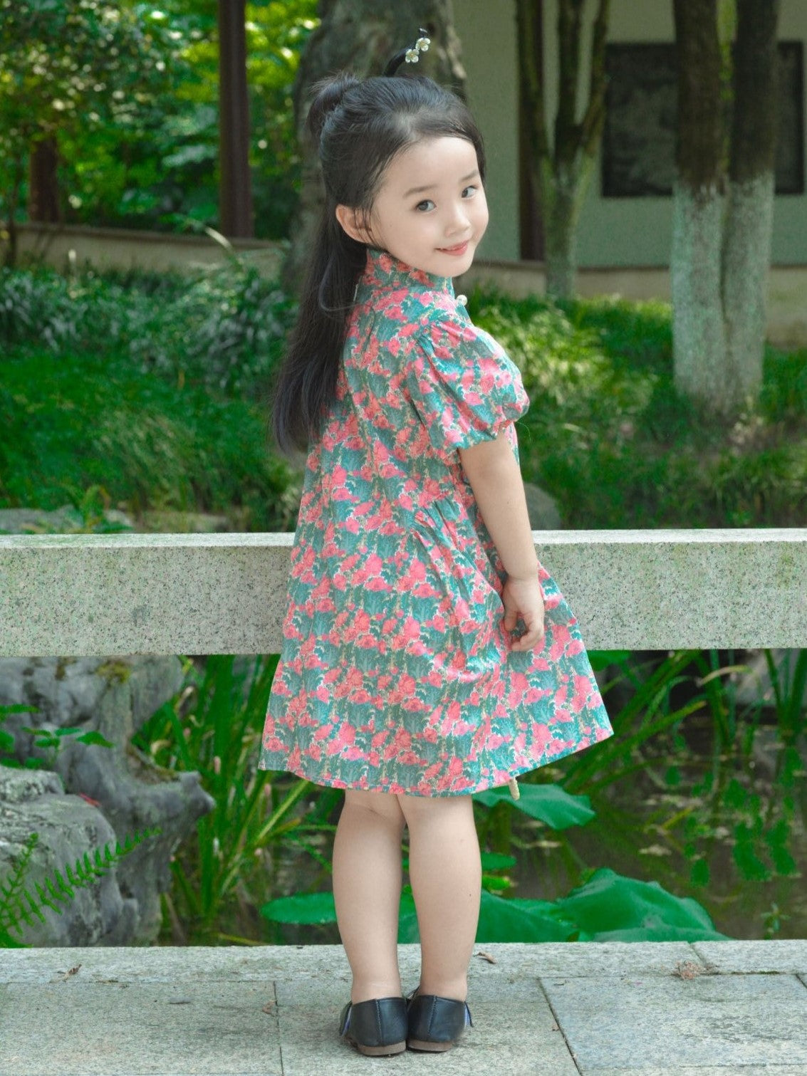 Girls Pink Tulip Puff Sleeve Cheongsam Dress