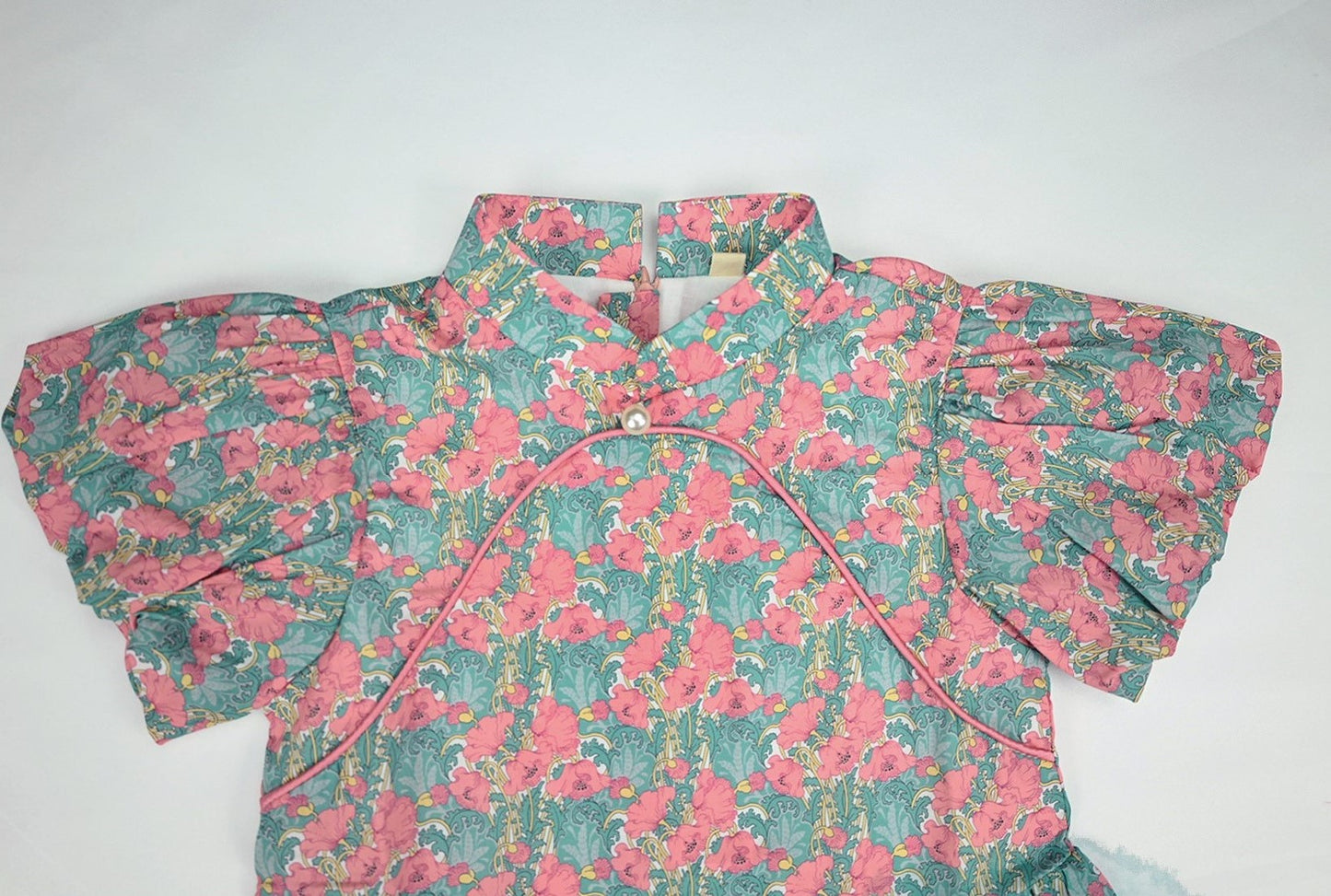Girls Pink Tulip Puff Sleeve Cheongsam Dress