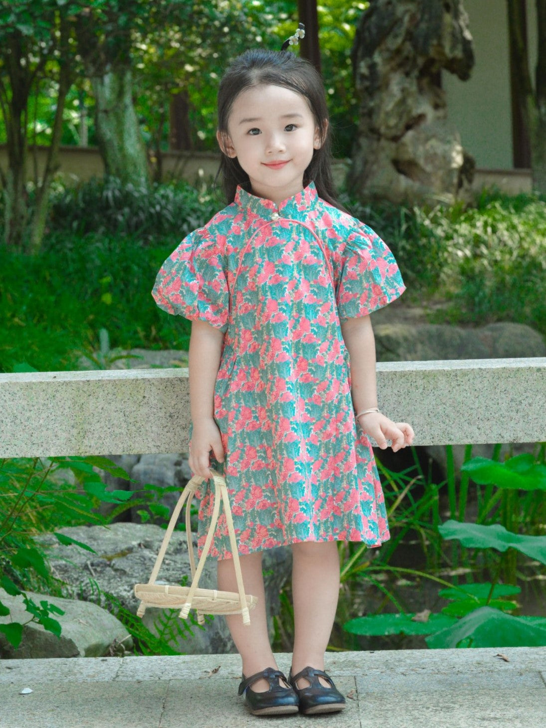 Girls Pink Tulip Puff Sleeve Cheongsam Dress