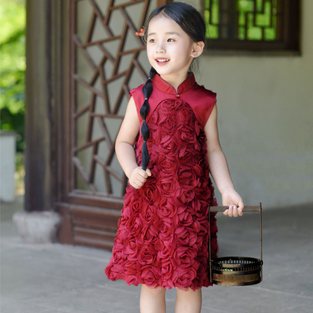 Girls Red Rose Sleeveless Cheongsam Dress